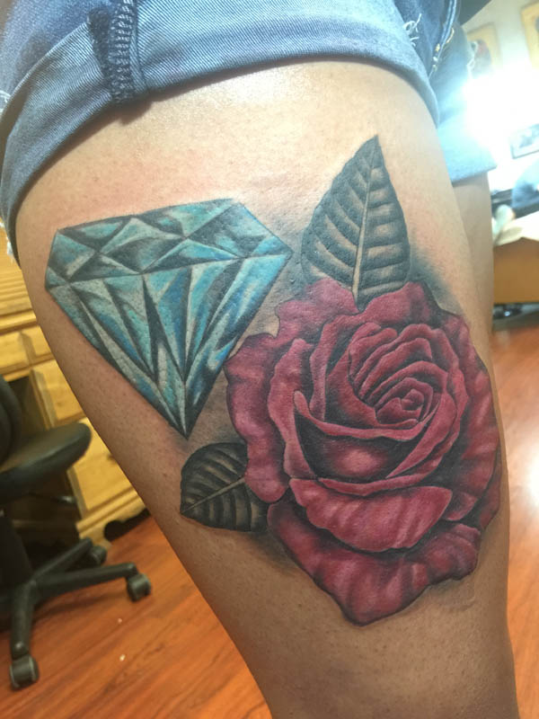 Realistic rose tattoo , diamond tattoo, St Augustine tattoo