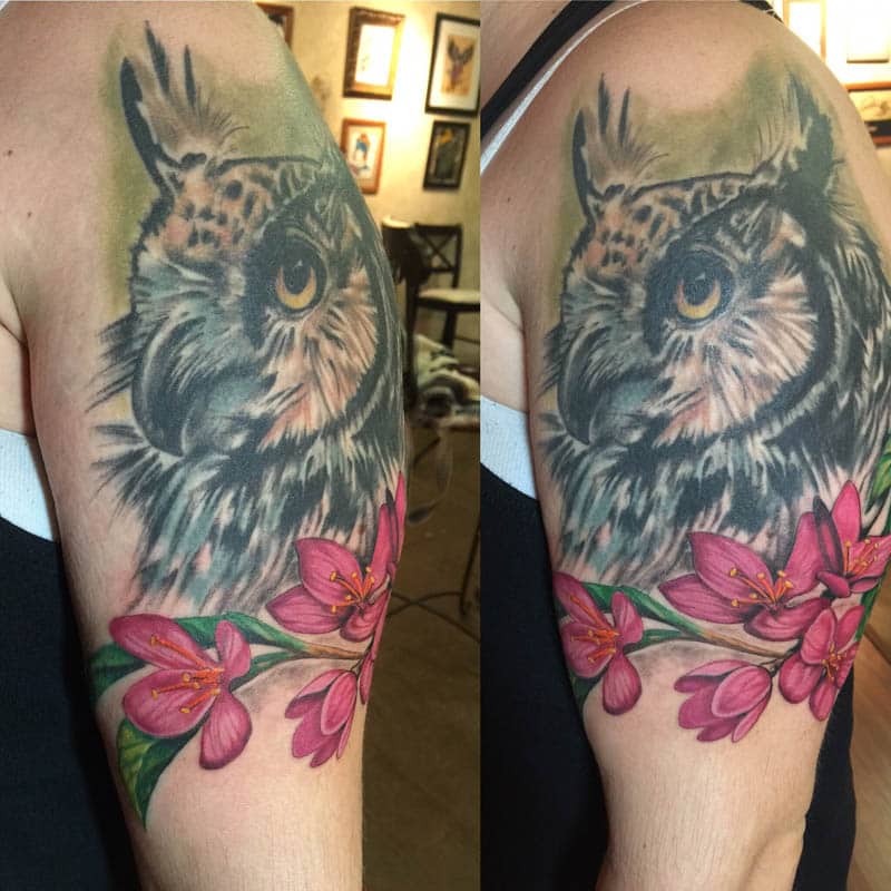 Owl and flowers , realistic color tattoo , st Augustine tattoo