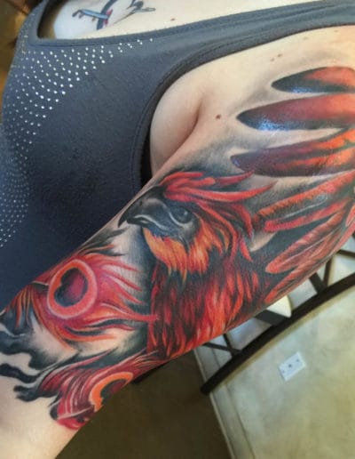 Fawkes tattoo , harry potter tattoo, phoenix tattoo, phoenix sleeve , st augustine tattoo artist , jesse britten
