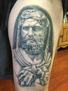 Hercules tattoo , black and grey , statue tattoo , St Augustine tattoo artist