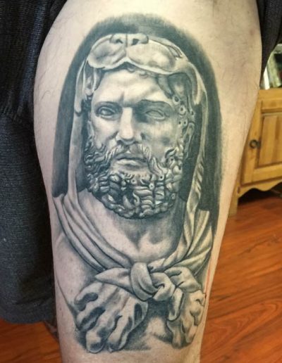 Hercules tattoo , black and grey , statue tattoo , St Augustine tattoo artist
