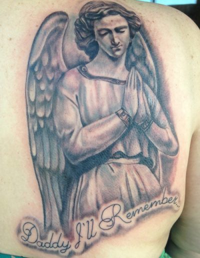 angel tattoo, statue tattoo , black and grey tattoo florida , realistic tattoo florida , st augustine tattoo , tattoo artist st augustine