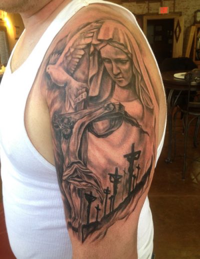 jesus and mary tattoo , black and grey tattoo, florida black and grey tattoo artist , st augustine tattoo
