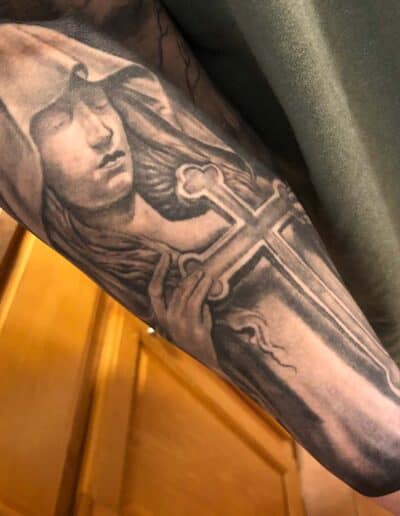 Mary Tattoo , black and grey , statue tattoo , St Augustine tattoo artist