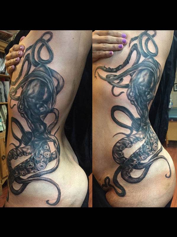 Octopus tattoo , realistic octopus tattoo , black and grey tattoo, tattoo st Augustine , tattoo Jacksonville 