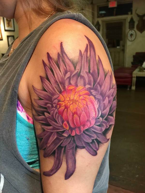 Realistic chrysanthemum tattoo, bright color tattoo, st Augustine tattoo shop