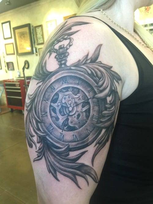 Pocket watch tattoo , black and grey tattoo st Augustine , realistic black and grey tattoo florida , tattoo artist florida, saint Augustine beach