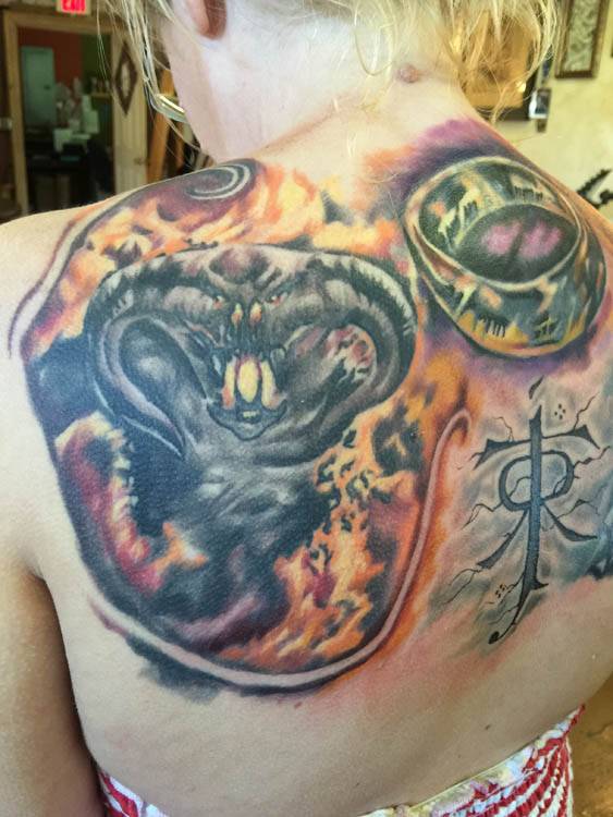 balrog tattoo, lord of the rings tattoo, demon tattoo , realistic blared tattoo , tolkien tattoo, florida realistic tattoo artist